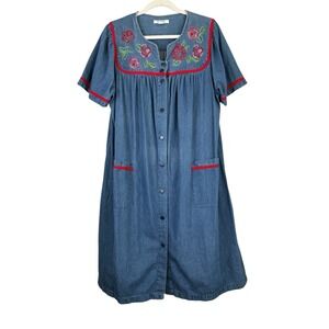 Go Softly Patio Denim Muu Muu Snap Embroidered Dress Blue Roses Women's Large